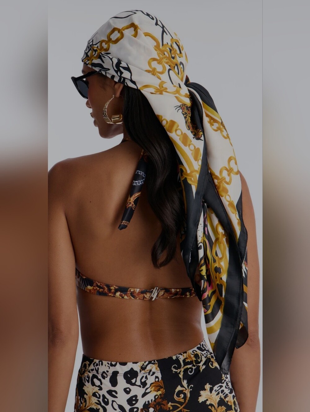 Ed Hardy White, Gold, Black, Chain & Tiger Print Silk Scarf - Picture 2 of 7